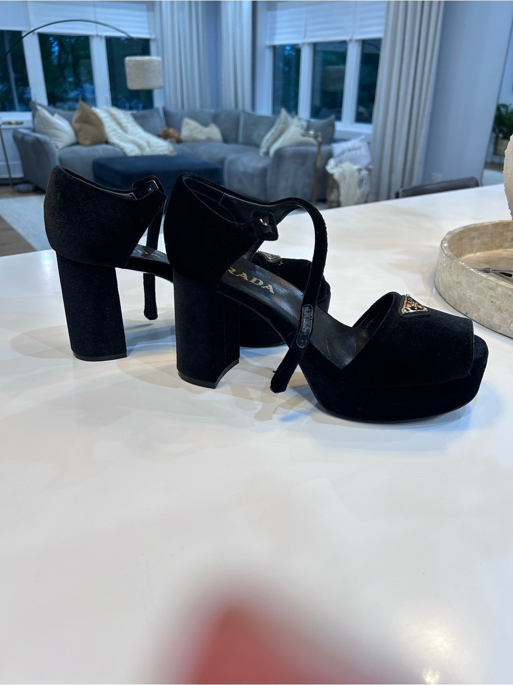 Prada Black Velvet Platform Block-Heel Sandals with Ankle Strap